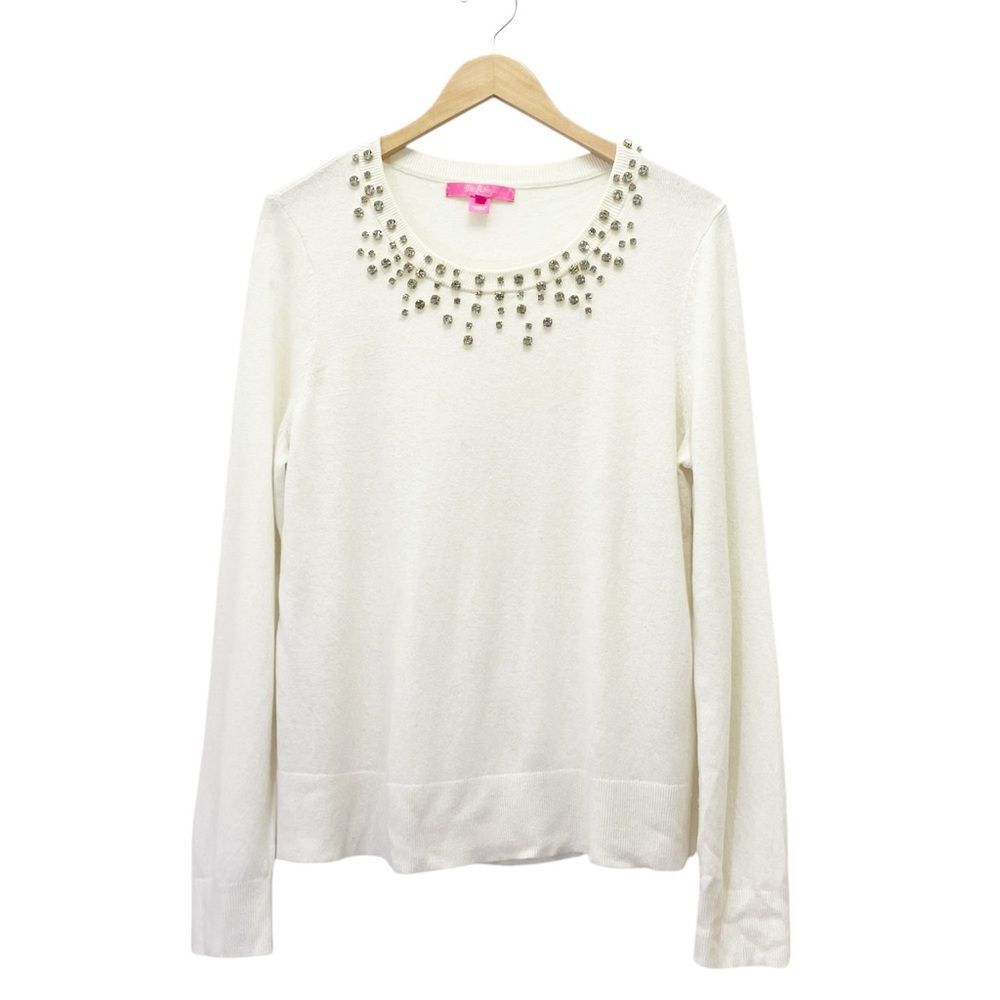 Lilly Pulitzer Coconut Odetta Sweater Wool Blend Rhinestone Neckline Size Large
